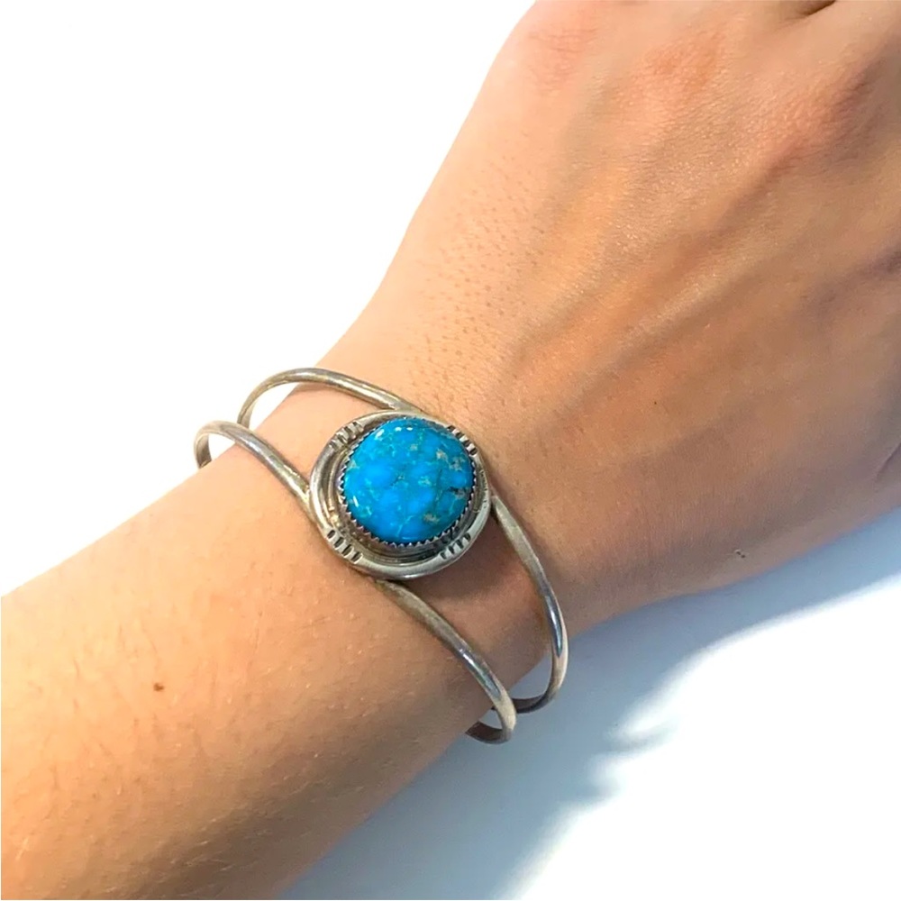 BBT Bernadine Begay Signed Native American Lg Turquoise Cuff Bracelet Sterling